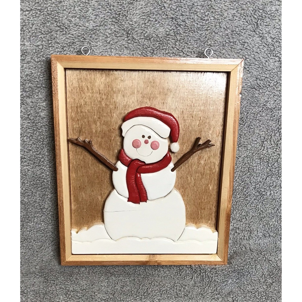 Hand Crafted Intarsia Art Technique Wooden Snowman Wall Plaque‎ Christmas Decor